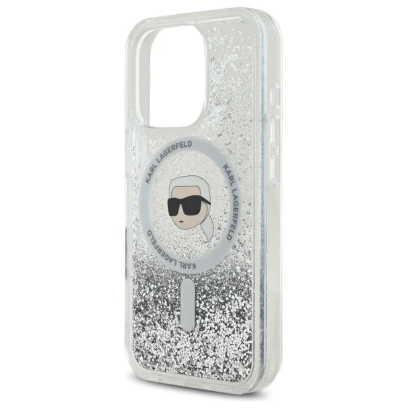 Karl Lagerfeld MagSafe Liquid Glitter Hard Case with Karl Head for iPhone 16 Pro | كفر كارل لاغرفيلد بلمعة سائلة شفافة ودعم ماج سيف لهاتف ايفون 16 برو