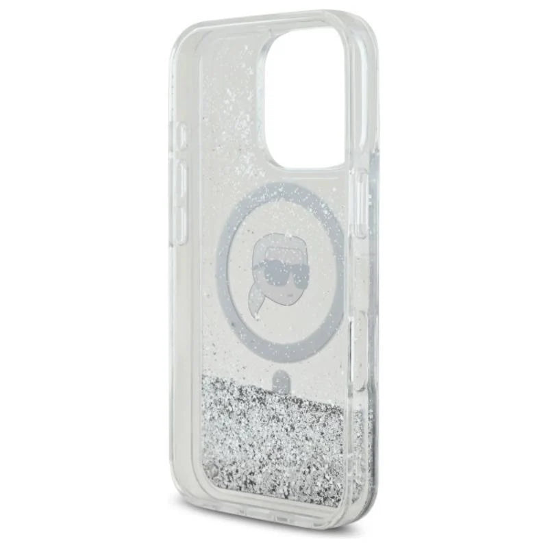 Karl Lagerfeld MagSafe Liquid Glitter Hard Case with Karl Head for iPhone 16 Pro | كفر كارل لاغرفيلد بلمعة سائلة شفافة ودعم ماج سيف لهاتف ايفون 16 برو
