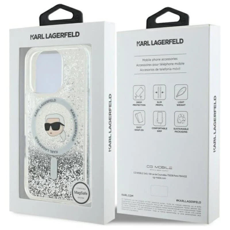 Karl Lagerfeld MagSafe Liquid Glitter Hard Case with Karl Head for iPhone 16 Pro | كفر كارل لاغرفيلد بلمعة سائلة شفافة ودعم ماج سيف لهاتف ايفون 16 برو