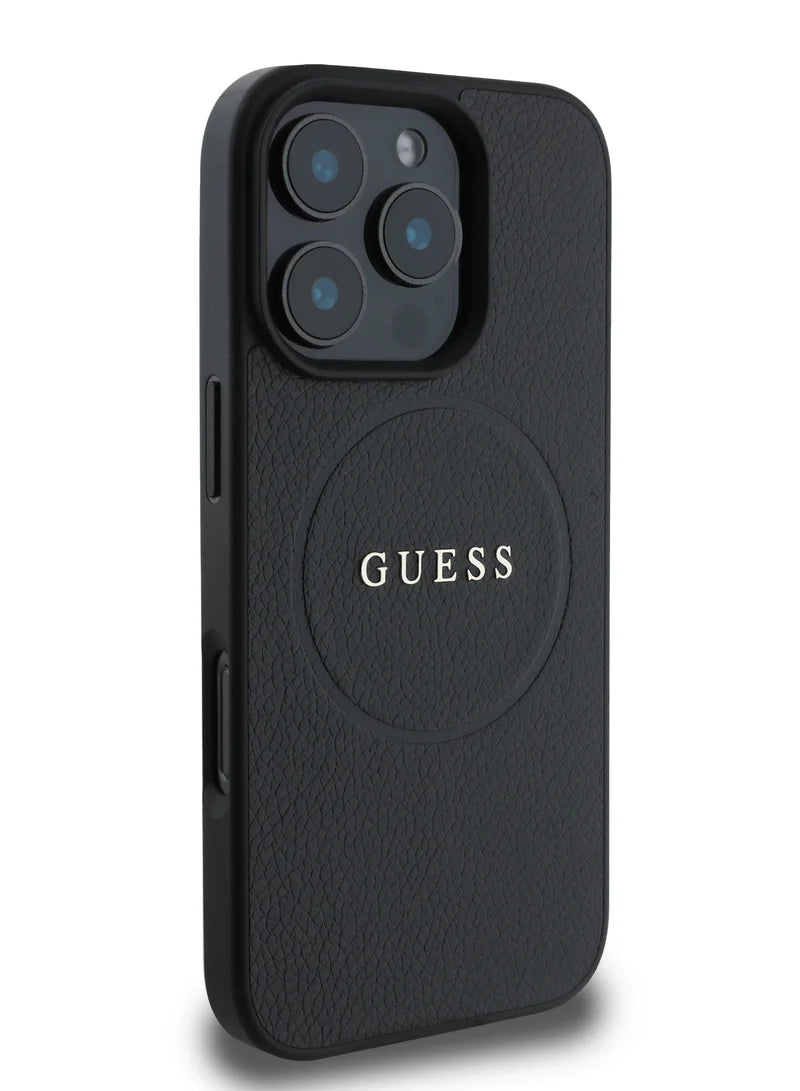 Guess MagSafe PU Grained Hard Case with Gold Ring for iPhone 16 Pro | كفر GUESS صلب بتصميم جلد محبب وحلقة ذهبية ومتوافق مع ماج سيف لهاتف ايفون 16 برو