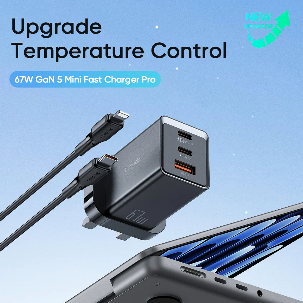 Mcdodo 67W 2Port USB-C & 1 Port USB Gan5 mini Fast Charger Pro with Type-c to Lightning Cable 1.2m - شاحن جداري بمنفذين يو اس بي سي ومنفذ يو اس بي بقدرة 67واط مع كيبل من تايب سي للايتننغ من مكدودو