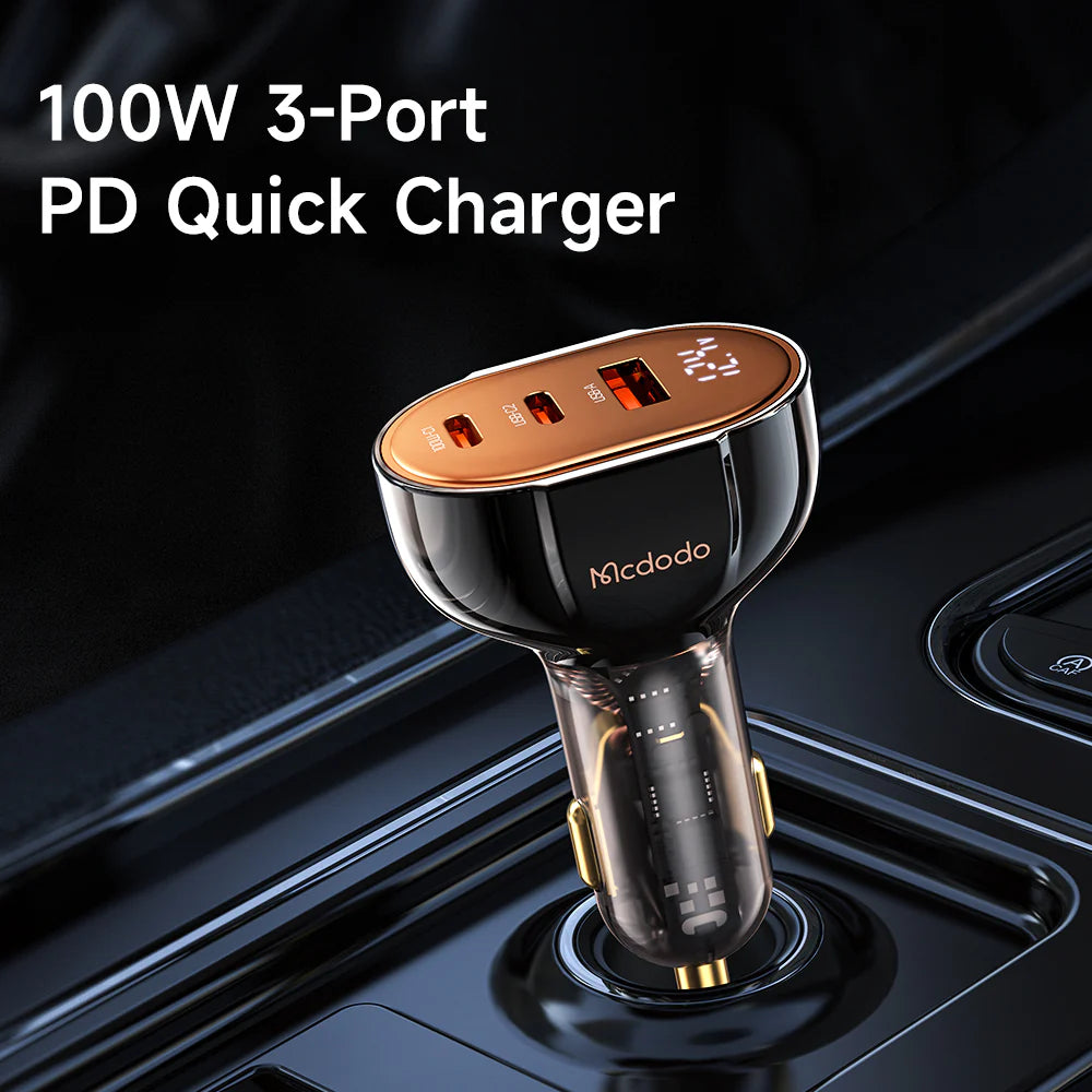 Mcdodo 100W Dual USB-C +USB-A Digital Display PD Car Charger - شاحن سيارة سريع الشحن بمنفذين يو اس بي سي ومنفذ يو اس بي أ من مكدودو