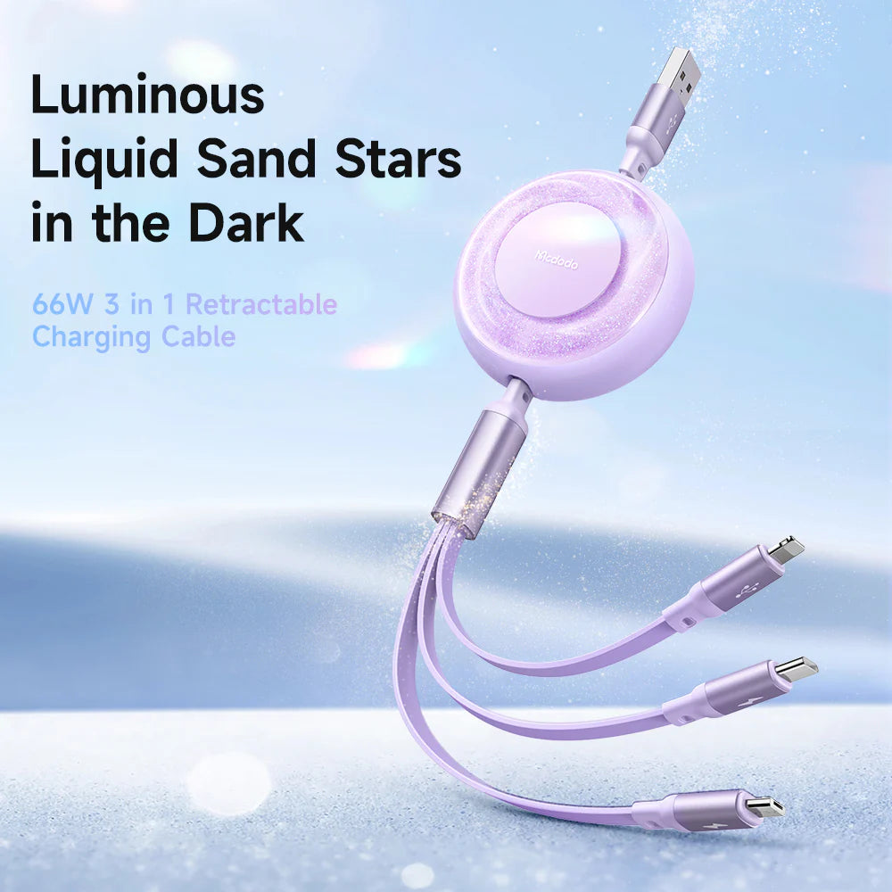 Mcdodo Stars 66W/6A Multi Charging Cable Retractable Coiled Multi Charging Cable 3 in 1 - مكدودو كيبل شحن متعدد 66 واط/6 امبير من ستارز، كيبل شحن متعدد ملفوف قابل للسحب 3 في 1