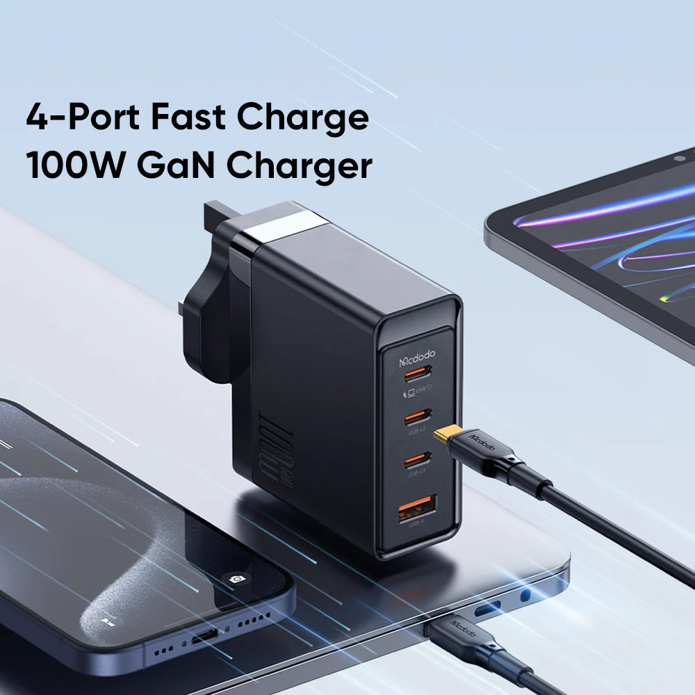 Mcdodo 100W 3 Port UCB-C and 1 Port UCB GaN Fast Charger Kit - شاحن جداري بثلاث منافذ يو اس بي سي ومنفذ يو اس بي بدرة 100واط من مكدودو