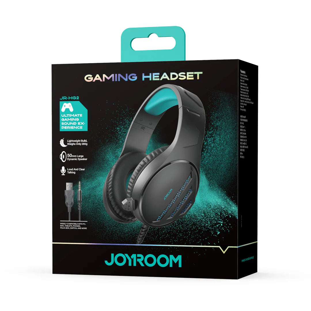 سماعة الالعاب جويرووم JR-HG2, درايفر صوت 50 ملم مع اضائة LED - اسود | Joyroom JR-HG2 Gaming Headset – 50mm Drivers, Ice Blue Light – Black