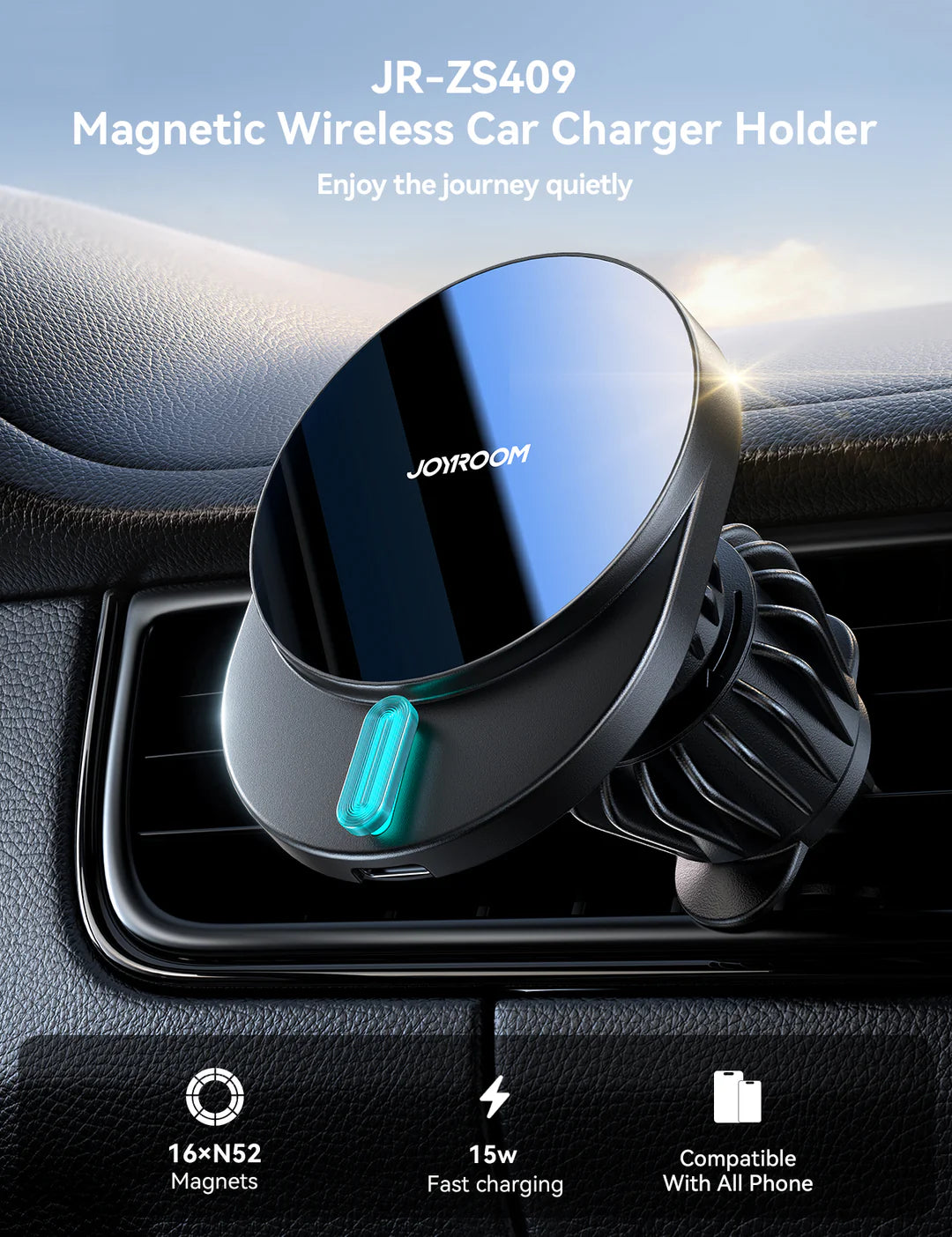 شاحن وحامل هاتف مغناطيسي للسيارة من جويرووم بقدرة شحن لاسلكي 15 واط | JoyRoom JR-ZS409 Magnetic Wireless Car Charger Holder – 15W MagSafe