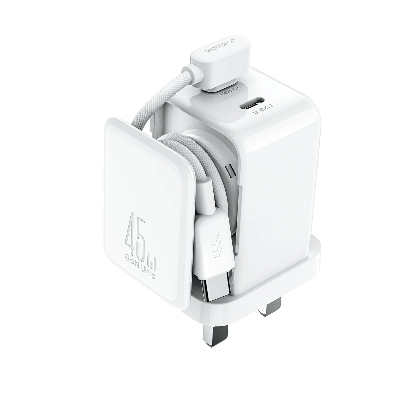 شاحن جداري جويرووم GaN بقدرة شحن 45 واط وخاصية تنظيم الكيبلات - ابيض | JOYROOM JR-TCL05 45W Cable Management GaN Charger UK – White
