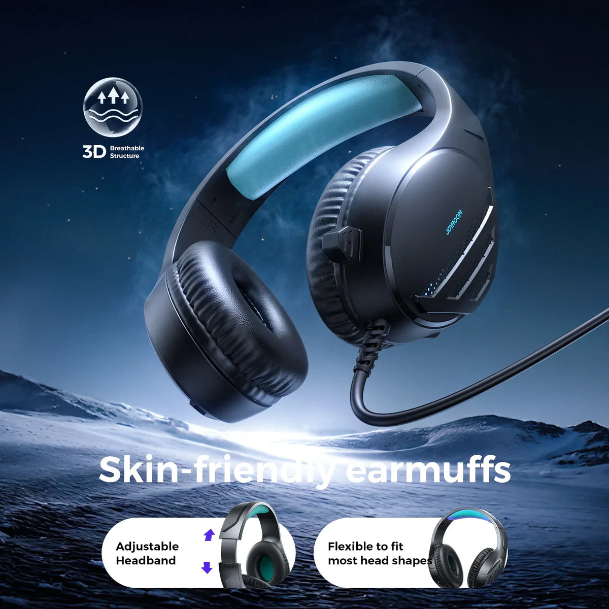 سماعة الالعاب جويرووم JR-HG2, درايفر صوت 50 ملم مع اضائة LED - اسود | Joyroom JR-HG2 Gaming Headset – 50mm Drivers, Ice Blue Light – Black