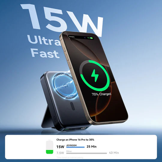 باور بانك جويرووم مغناطيسي لاسلكي QI2 بسعة 10,000 مللي امبير وبقدرة شحن 22.5 واط مع ستاند مدمج - اسود | JOYROOM JR-PBM11 QI2 22.5W Magnetic Wireless Power Bank with Kickstand 10000mAh – Black