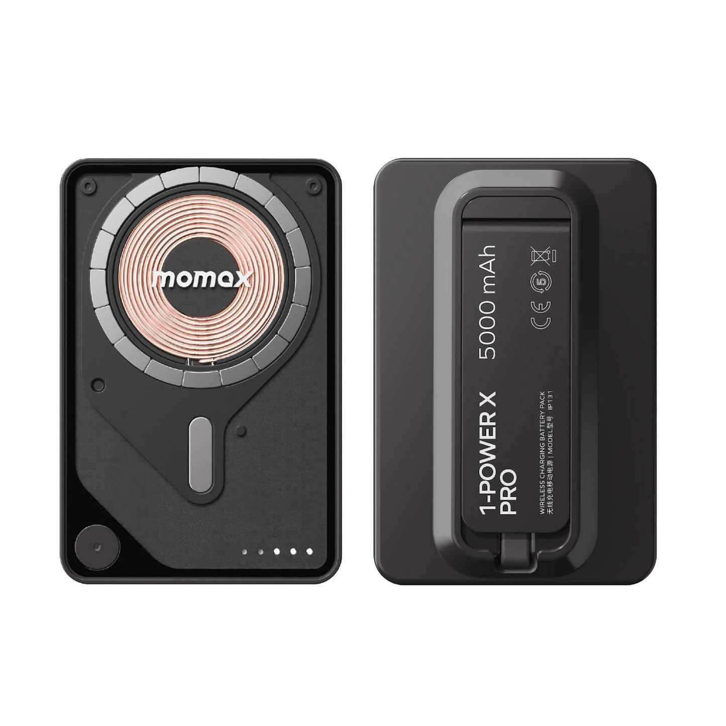Momax Power X Pro 5000mAh Magnetic Wireless Battery Pack with Stand & Built-in USB-C Cable | MagSafe Compatible - باور بانك موماكس بور اكس برو مغناطيسي لاسلكي بسعة 5000 مللي امبير مع مسند وكيبل USB-C مدمج, متوافق مع ماج سيف