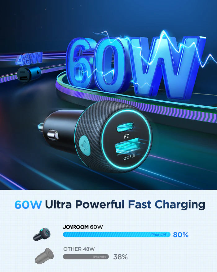 Joyroom JR-CCN01 60W Car Charger PD+QC with LED Lights - شاحن سيارة جويروم بقوة 60واط وإضاءة ليد متعددة