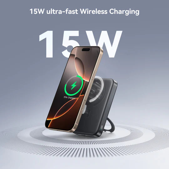باور بانك جويرووم مغناطيسي لاسلكي QI2 بسعة 10,000 مللي امبير وبقدرة شحن 22.5 واط مع حامل حلقي - اسود | JOYROOM JR-PBM12 22.5W Magnetic Wireless Power Bank with Ring Holder 10000mAh – Black