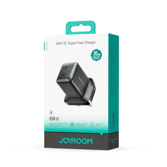 شاحن جداري جويرووم JR-TCG17 ثنائي المنفذ يو اس بي سي بقدرة شحن 45 واط - اسود | JOYROOM JR-TCG17 45W Dual-Port USB-C Wall Charger – Black