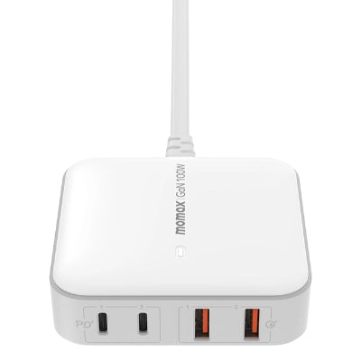 Momax ONEPLUG 100W 4 Port GaN Desktop Charger - موماكس شاحن سطح المكتب بقوة 100 واط و4 منافذ جان باللون أبيض