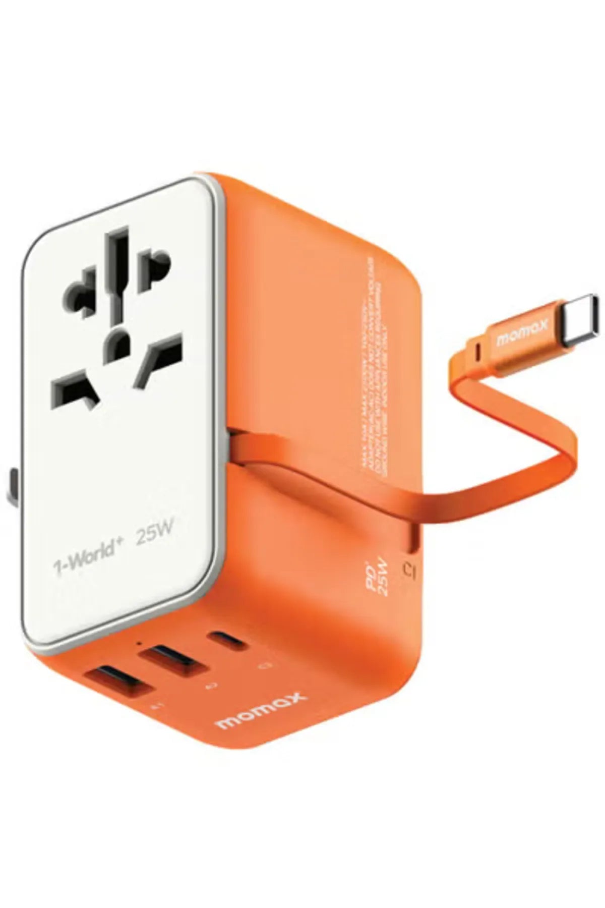 Momax World+ 25W 3-Port Charger with Built-in USB-C Cable + AC Travel Adapter - شاحن موماكس ورلد بلاس بقدرة 25 واط – شاحن سفر عالمي بـ3 منافذ وكابل USB-C مدمج مع محول طاقة AC