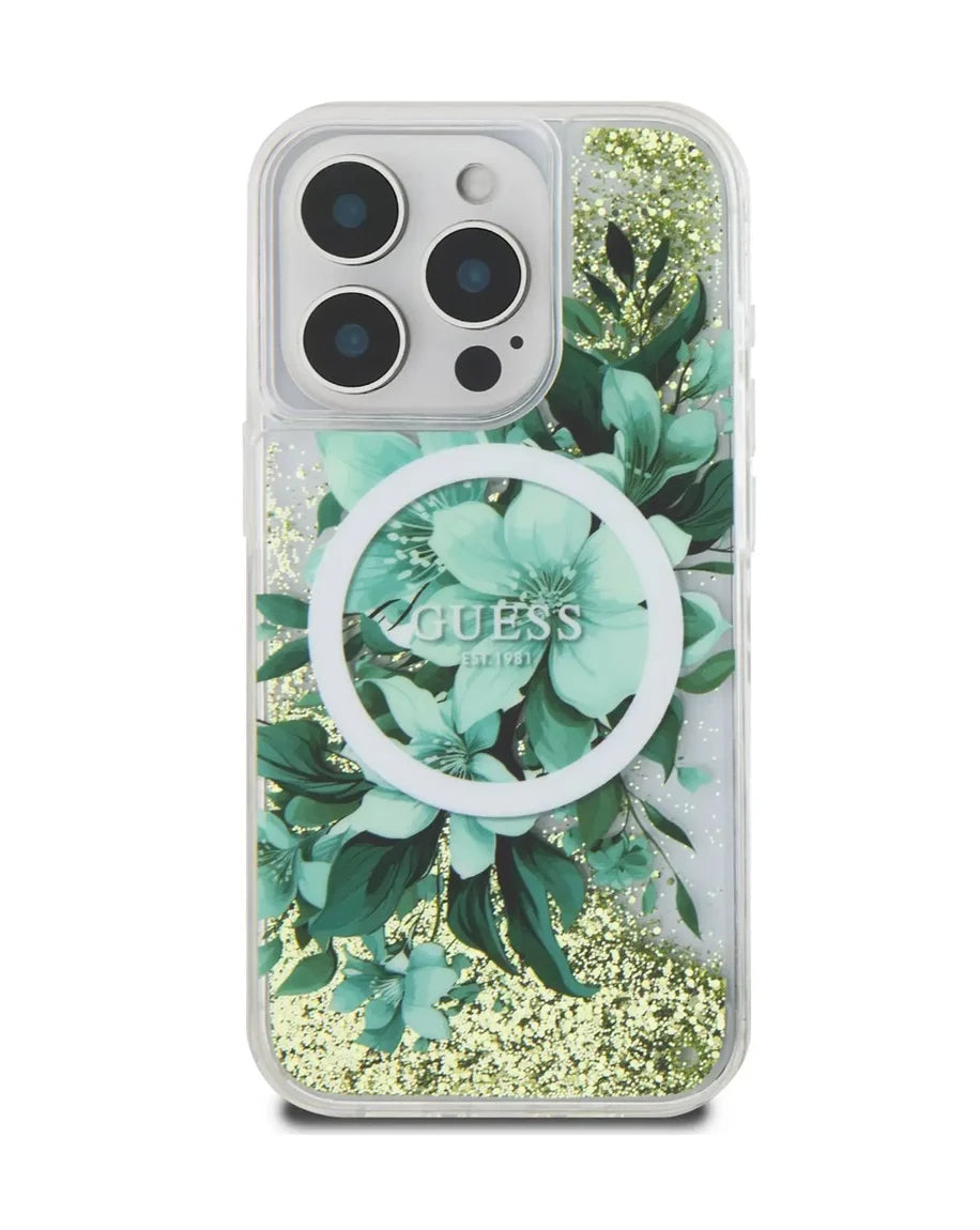GUESS MagSafe Liquid Glitter Hard Case with Flower Design for iPhone 16 Pro | كفر GUESS صلب بلمعة سائلة وتصميم ازهار مع دعم ماج سيف لهاتف ايفون 16 برو