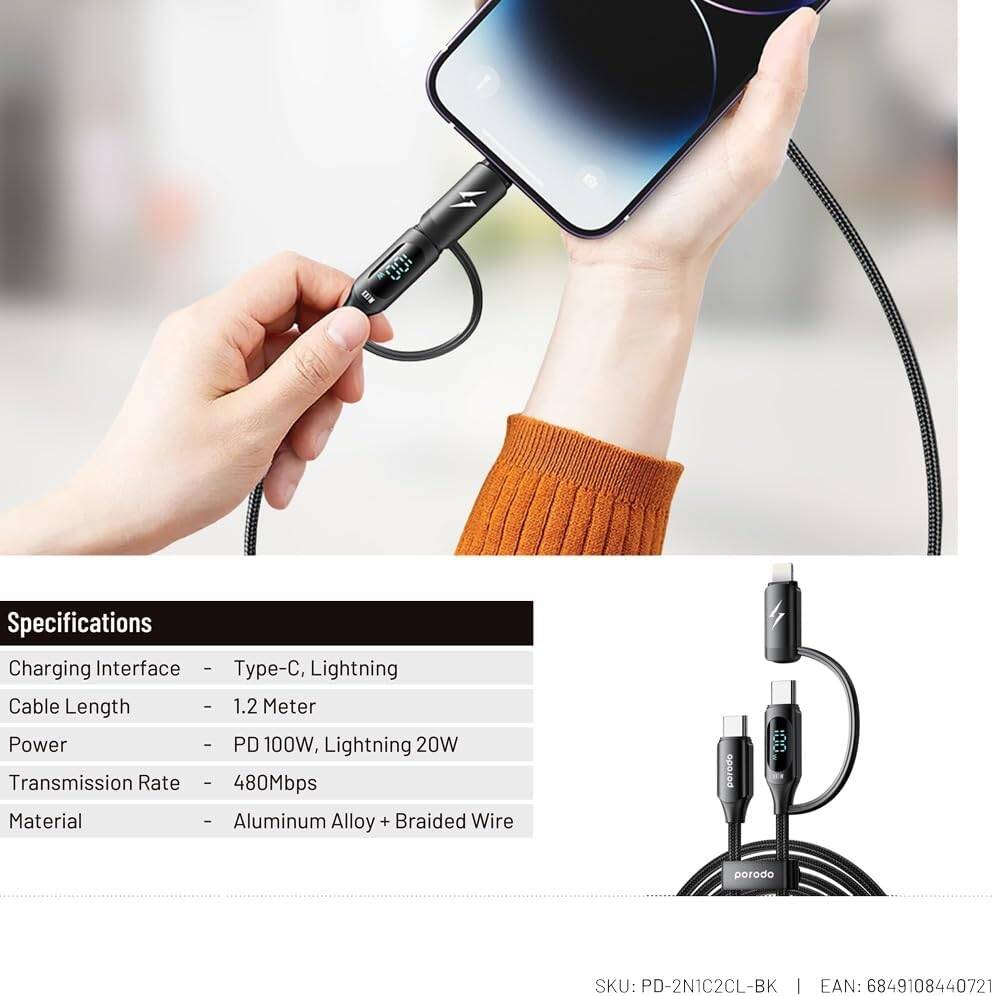 بورودو كيبل شحن سريع ثنائي الموصلات تايب سي الى تايب سي ولايتننغ بشاشة رقمية وطول 1 متر | Porodo 2-IN-1 Digital-Display Fast Charging 1M Cable C to C + Lightning