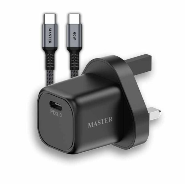 شاحن ماستر بقدرة شحن سريع 35 واط مع كيبل يو اس بي سي الى يو اس بي سي بقدرة 60 واط - اسود | MASTER SUPER FAST CHARGE 35W With Cable 60W C to C – Black
