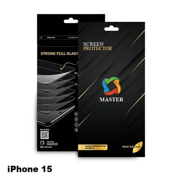 واقي شاشة زجاجي شفاف من ماستر لايفون 15, 15 بلس, 15 برو و 15 برو ماكس | MASTER Clear Tempered Glass Screen Protector for iPhone 15 / 15 Plus / 15 Pro / 15 Pro Max