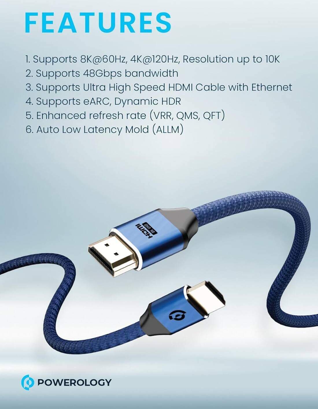 كيبل باورولوجي اج دي ام اي الى اج دي ام اي بطول 3 متر, دقة تصل الى 10K | Powerology HDMI to HDMI Braided Cable 3M – 10K Resolution.