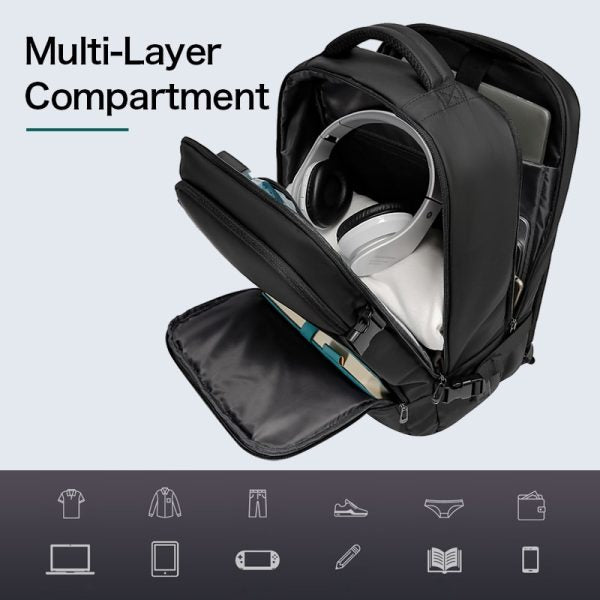 حقيبة ظهر بانجي للاعمال مضادة للسرقة بسعة كبيرة ومقاومة للماء - اسود | BANGE Men’s Business Double-Shoulder Waterproof Travel Backpack – Black