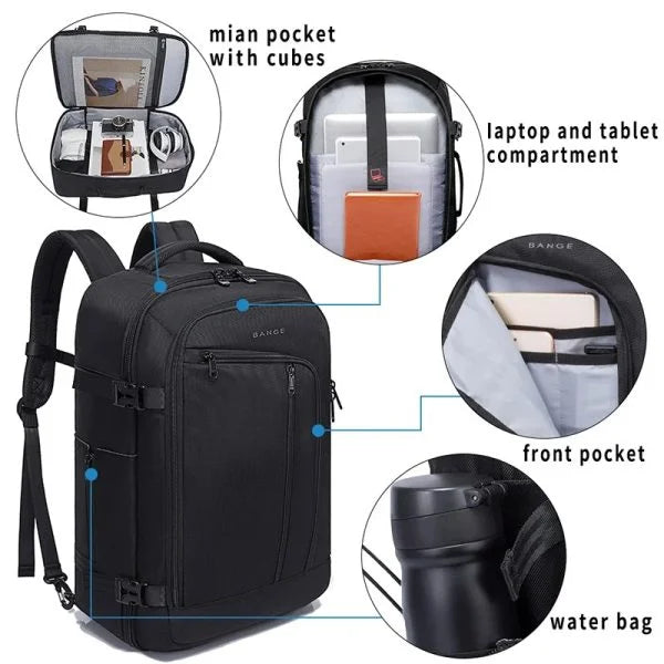 حقيبة ظهر بانجي 40 لتر للسفر والرحلات مع منظمات داخلية - اسود | BANGE BG-1916 40L Travel Overnight & Flight Storage Backpack – Black