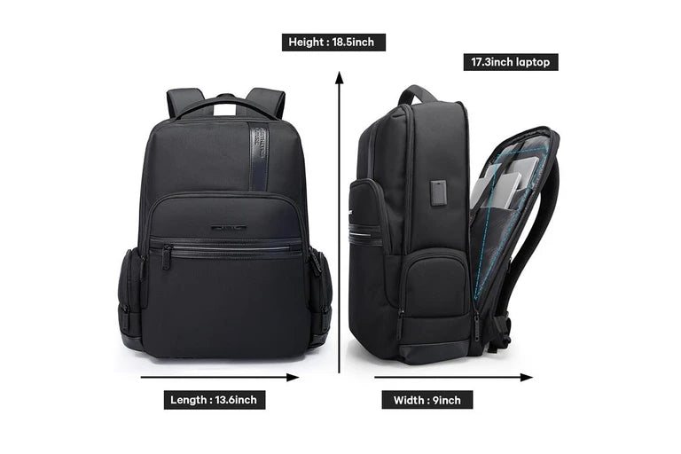 حقيبة بانجي رجالية مقاومة للماء مع منفذ يو اس بي - اسود | BANGE Men Letter Leather Stitching Waterproof Backpack with USB Port – Black