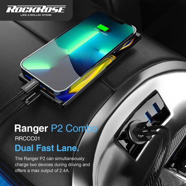 RockRose Ranger P2 + Zeta AC Dual Port 12W Max Fast Charging Car Charger - روك روز رينجر بي 2 زيتا أي سي شاحن سيارة ثنائي المنافذ 12 وات للشحن السريع