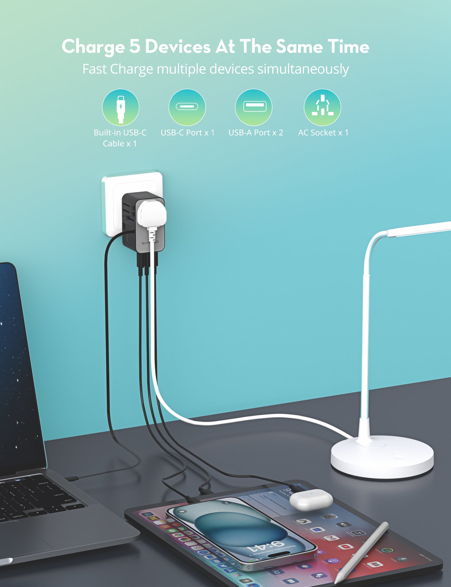 شاحن السفر راف باور RP-PC1061 بقدرة 70 واط مع كيبل تايب سي مدمج | RAVPower RP-PC1061 70W PD Travel Charger with Retractable USB-C Cable