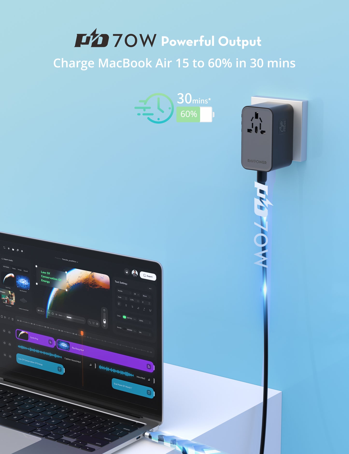شاحن السفر راف باور RP-PC1061 بقدرة 70 واط مع كيبل تايب سي مدمج | RAVPower RP-PC1061 70W PD Travel Charger with Retractable USB-C Cable