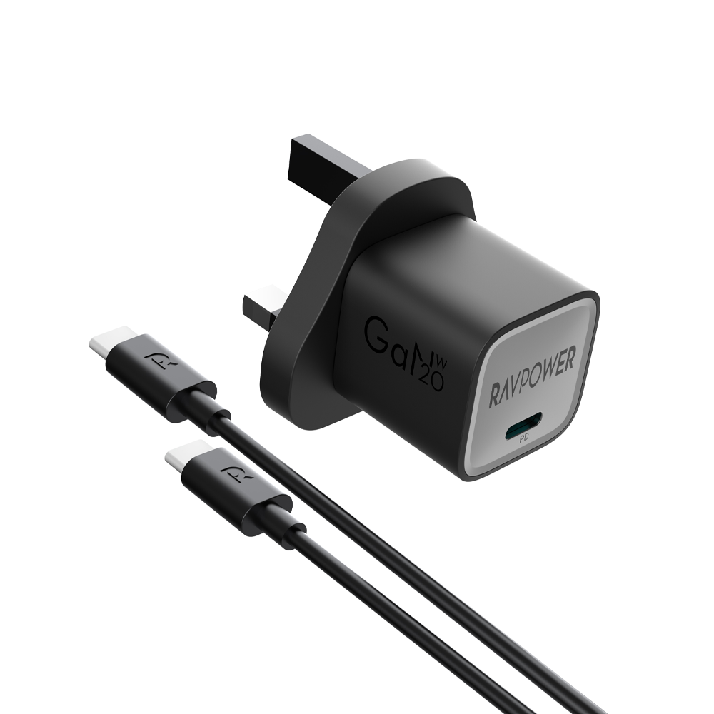 RAVPower RP-PC1057 20W GaN PD Wall Charger with USB-C to USB-C Cable - شاحن راف باور 20 واط مع كيبل تايب سي – PD سريع، حجم صغير، تقنية GaN