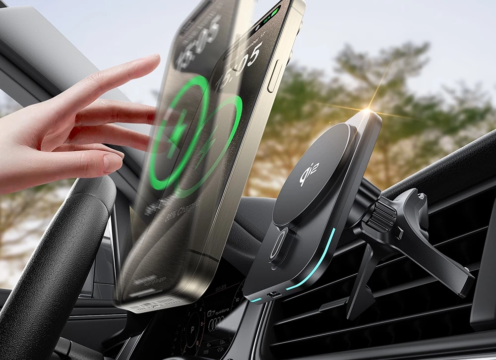 شاحن سيارة ويوو Qi2.0 لاسلكي مغناطيسي بقدرة شحن 15 واط | WiWU CH-323 Qi2.0 MAGO MagSafe Wireless Car Charger – 15W