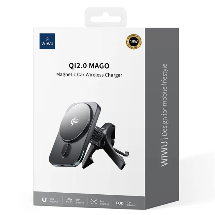 شاحن سيارة ويوو Qi2.0 لاسلكي مغناطيسي بقدرة شحن 15 واط | WiWU CH-323 Qi2.0 MAGO MagSafe Wireless Car Charger – 15W