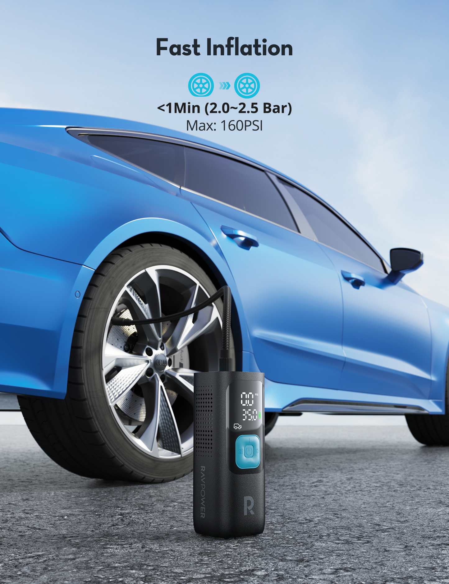 منفاخ هواء ذكي راف باور 3 في 1 مع باور بانك وكشاف LED - اسود | RAVPOWER PB1233 3-in-1 Smart Air Compressor with Power Bank & LED Flashlight – Black