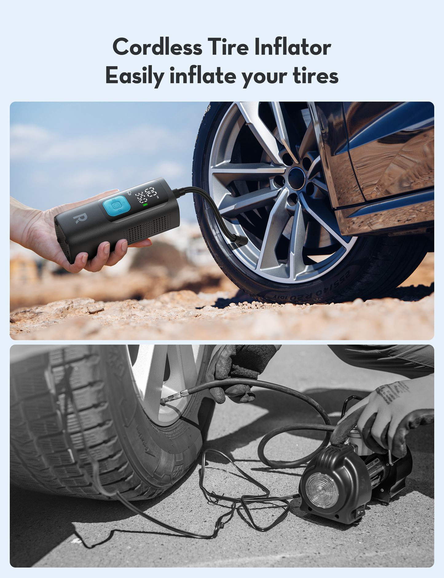 منفاخ هواء ذكي راف باور 3 في 1 مع باور بانك وكشاف LED - اسود | RAVPOWER PB1233 3-in-1 Smart Air Compressor with Power Bank & LED Flashlight – Black