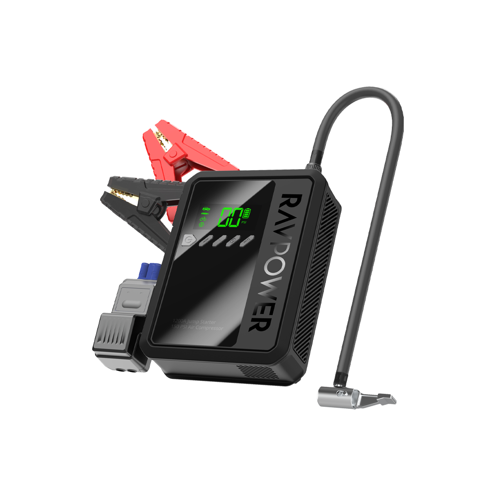 جهاز تشغيل السيارة راف باور 2 في 1 مع باور بانك بسعة 8000 مللي امبير ومنفاخ هواء - اسود | RavPower 2-in-1 Jump Starter RP-PB1240 with Power Bank, Grey, 8000mAh And Air Compressor - Black