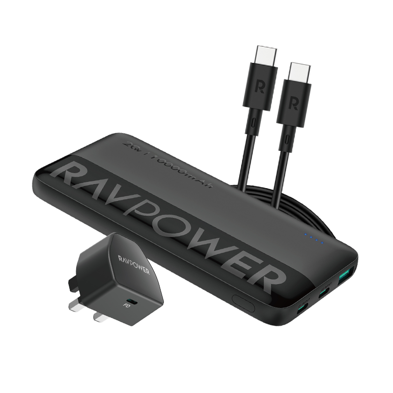 كومبو راف باور, شاحن جداري + باور بانك + كيبل تايب سي الى تايب سي - اسود | RAVPower PC1085 Combo – Wall Charger PC1041 + Power Bank PB1228 + Cable CB1021 – Black
