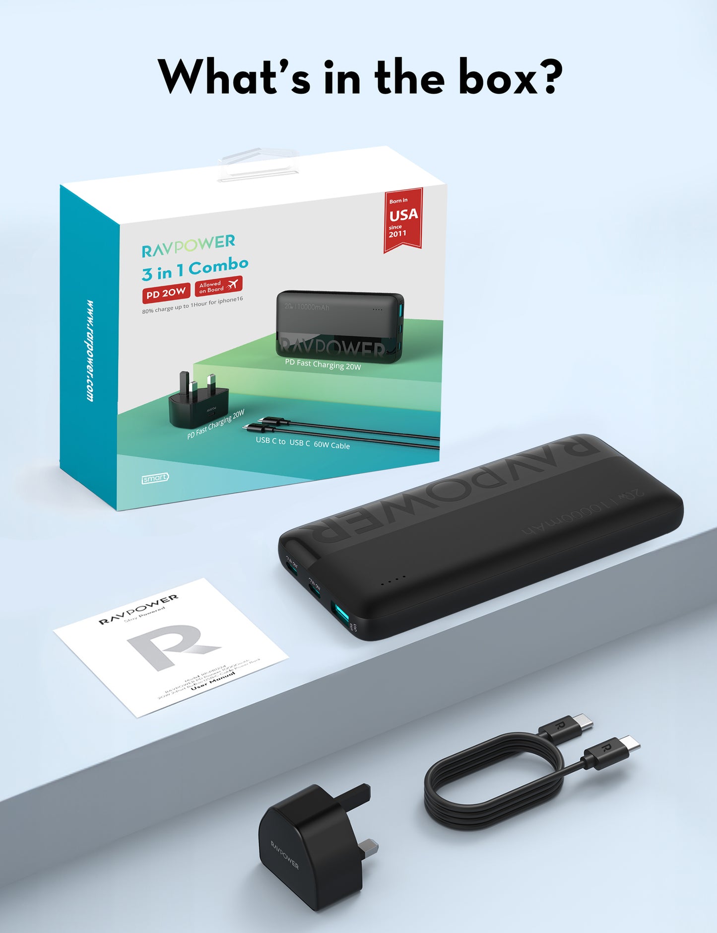 كومبو راف باور, شاحن جداري + باور بانك + كيبل تايب سي الى تايب سي - اسود | RAVPower PC1085 Combo – Wall Charger PC1041 + Power Bank PB1228 + Cable CB1021 – Black