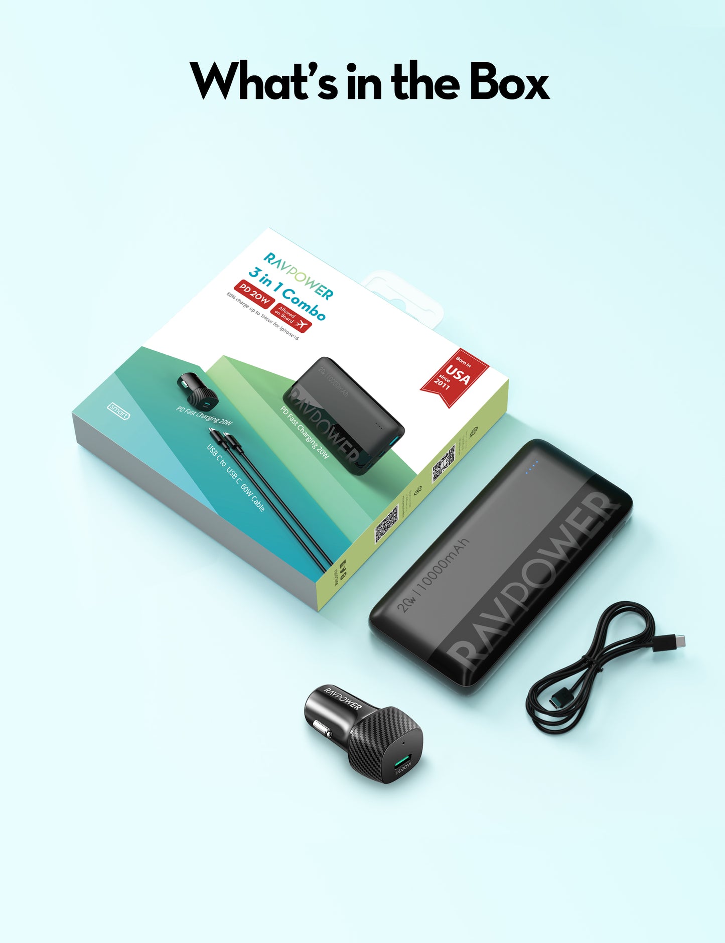 كومبو شاحن سيارة راف باور VC1014 مع باور بانك بسعة 10,000 مللي أمبير وكيبل تايب سي بقوة 60 واط | RAVPower RP-VC1014 Car Charger Combo with 10000mAh Power Bank & 60W USB-C Cable