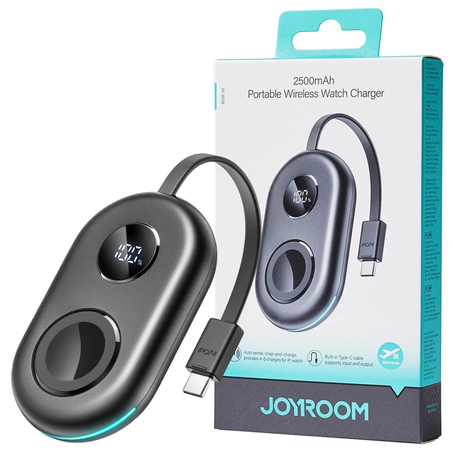 شاحن جويرووم لاسلكي محمول للساعات الذكية بسعة 2000 مللي امبير - اسود | JOYROOM JR-W09 2000mAh Portable Wireless Watch Charger - Black