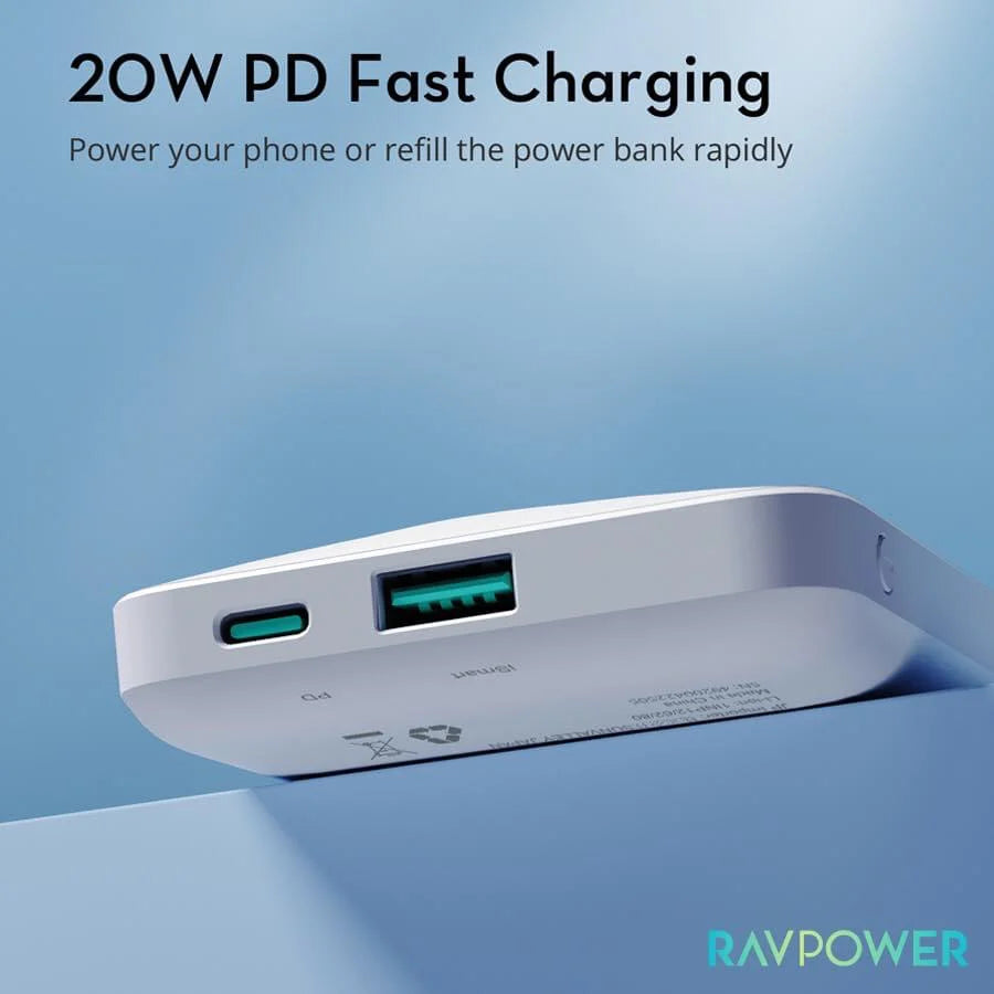 باور بانك باك سيف بسعة 10الف ملي امبير بقدرة 20 واط- RAVPOWER 10000mAh Magsafe Magnetic Wireless Power Bank