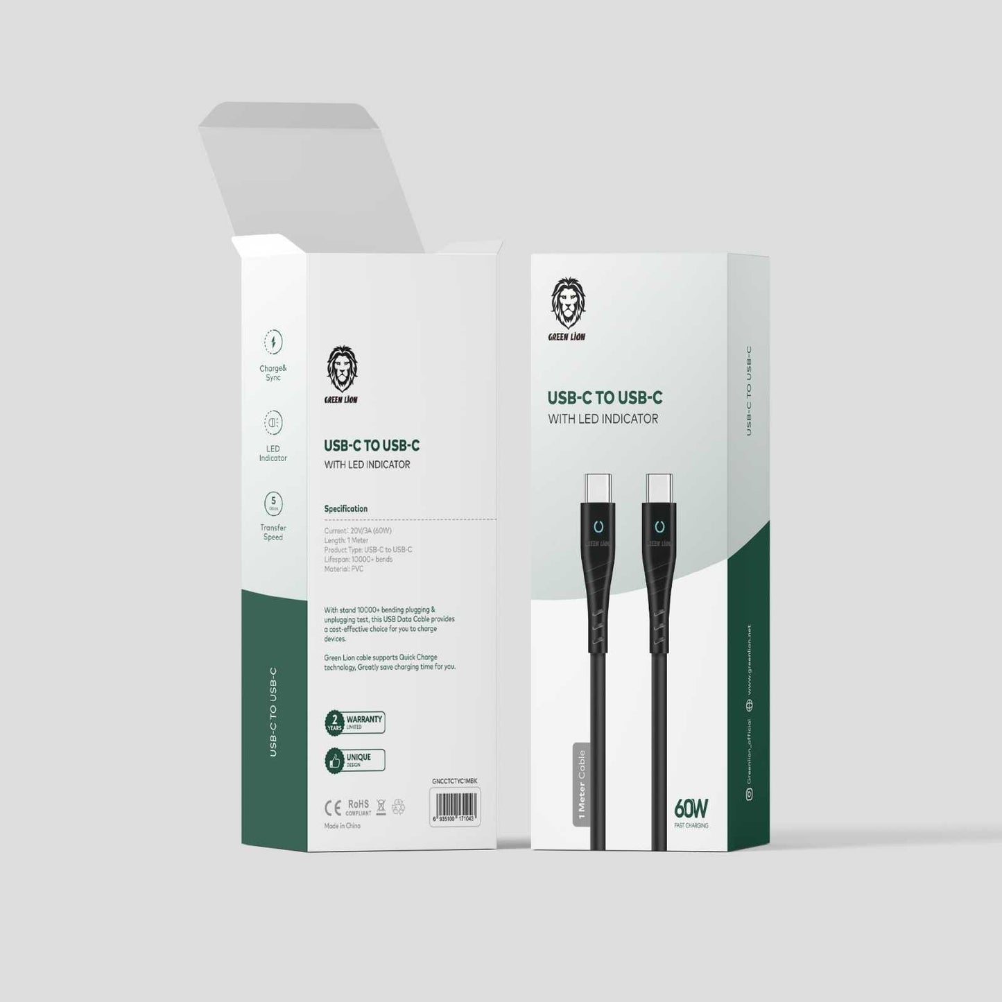 كيبل جرين لايون PVC من يو اس بي سي الى يو اس بي سي بمؤشر LED وقدرة شحن 60 واط, بطول 1 متر - اسود | Green Lion PVC USB-C to Type-C Cable with LED Indicator 1M PD 60W - Black