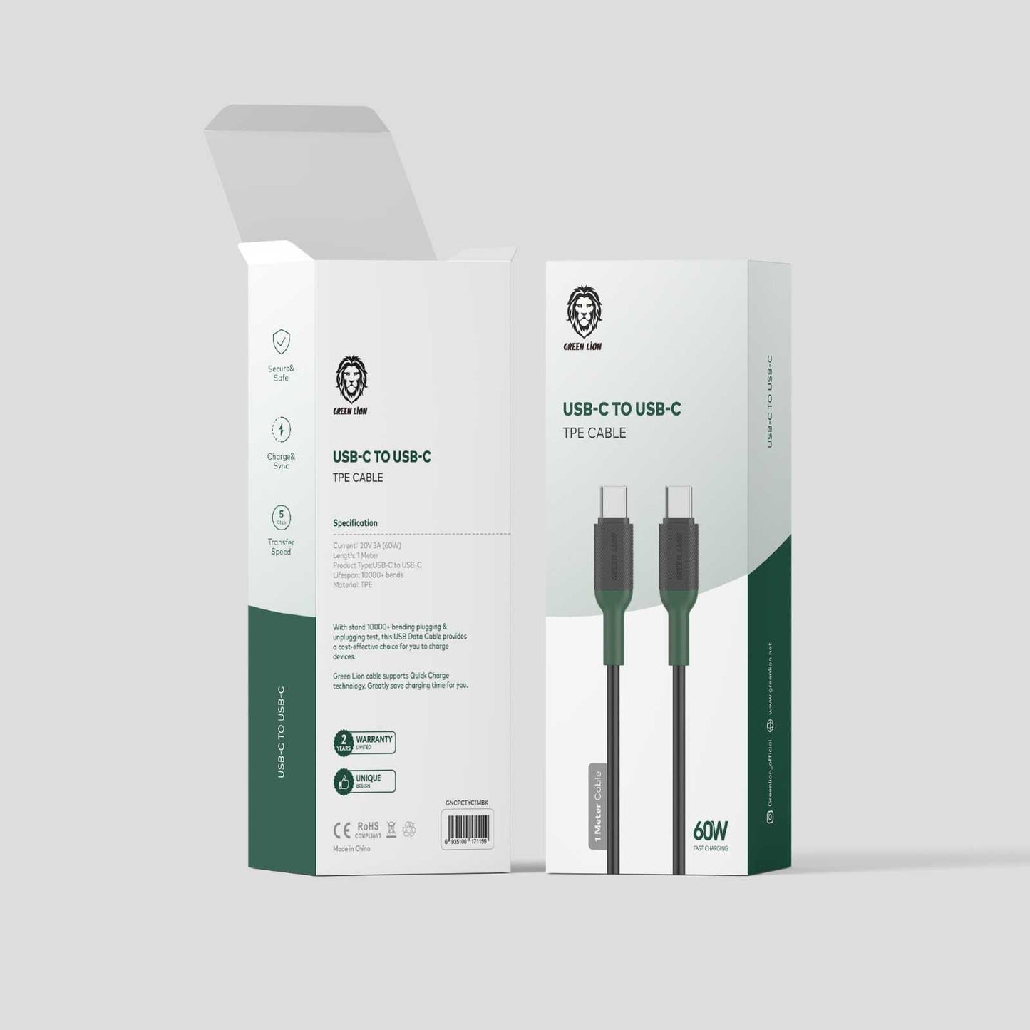 كيبل جرين لايون يو اس بي سي الى يو اس بي سي بطول 1 متر, شحن سريع 60 واط | Green Lion USB-C to Type-C TPE Cable 1M PD 60W.