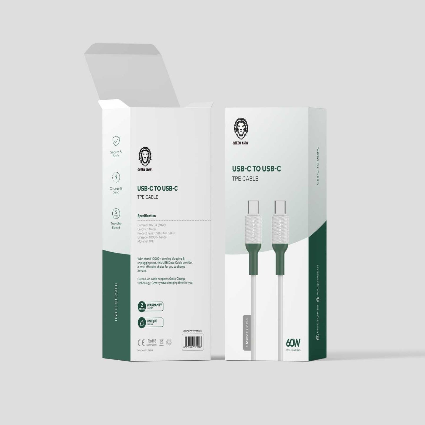 كيبل جرين لايون يو اس بي سي الى يو اس بي سي بطول 1 متر, شحن سريع 60 واط | Green Lion USB-C to Type-C TPE Cable 1M PD 60W.
