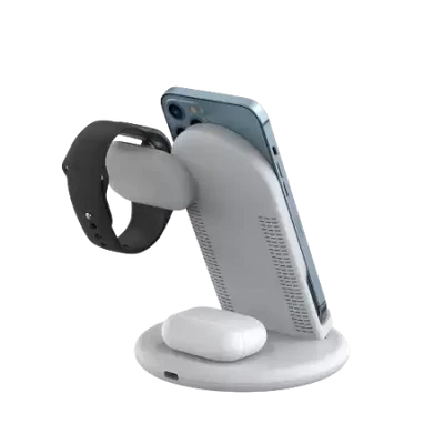 ويوو بور أير 3 في 1 شاحن لاسلكي لسطح المكتب حامل الهاتف المحمول لسماعات الأذن وحامل الهاتف للشحن السريع - WiWU Power Air 3 in 1 Desktop Wireless Charger Mobile Phone Stand