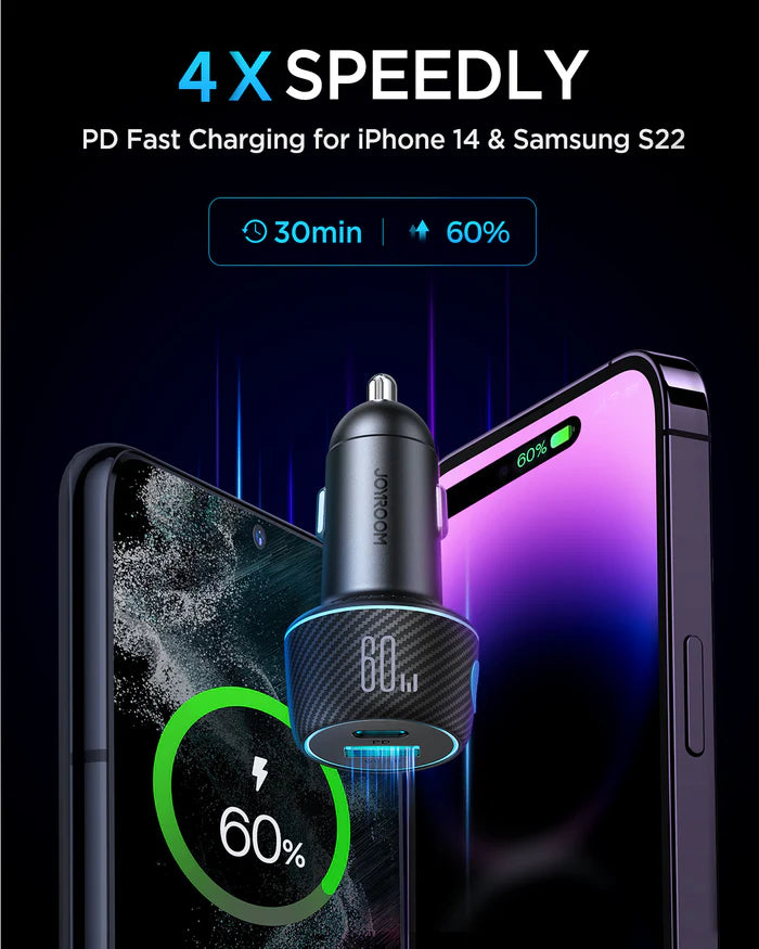 Joyroom JR-CCN01 60W Car Charger PD+QC with LED Lights - شاحن سيارة جويروم بقوة 60واط وإضاءة ليد متعددة