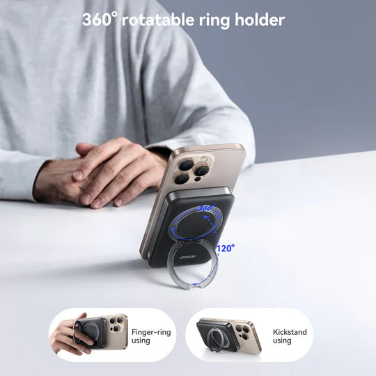 باور بانك جويرووم مغناطيسي لاسلكي QI2 بسعة 10,000 مللي امبير وبقدرة شحن 22.5 واط مع حامل حلقي - اسود | JOYROOM JR-PBM12 22.5W Magnetic Wireless Power Bank with Ring Holder 10000mAh – Black