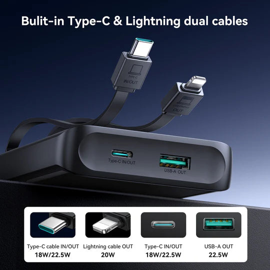 باور بانك جويرووم بسعة 10,000 مللي امبير وبقدرة شحن 22.5 واط مع شاشة رقمية وكيبل تايب سي ولايتننغ مدمجين - اسود | JOYROOM JR-PBF19 10000mAh 22.5W Powerbank with Digital Display and Dual Cables – Black