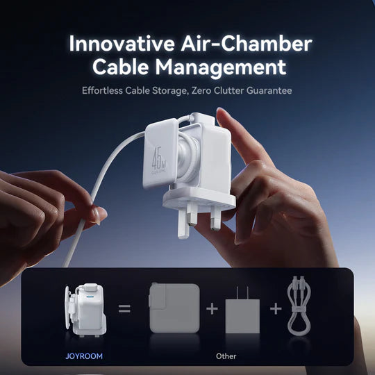 شاحن جداري جويرووم GaN بقدرة شحن 45 واط وخاصية تنظيم الكيبلات - ابيض | JOYROOM JR-TCL05 45W Cable Management GaN Charger UK – White