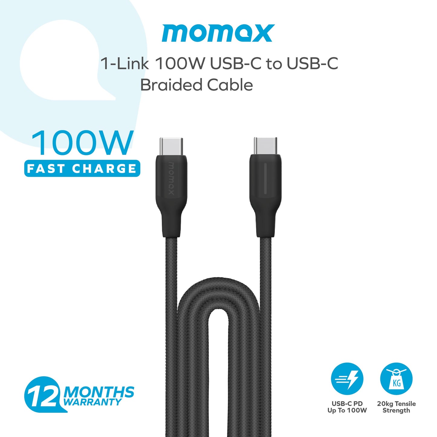 Momax 1‑Link Flow CC 100W USB‑C to USB‑C Braided Cable, 2 m - كيبل موماكس 1-لنك فلو, USB-C الى USB-C, نايلون مضفر, بقدرة 100 واط, طول 2م